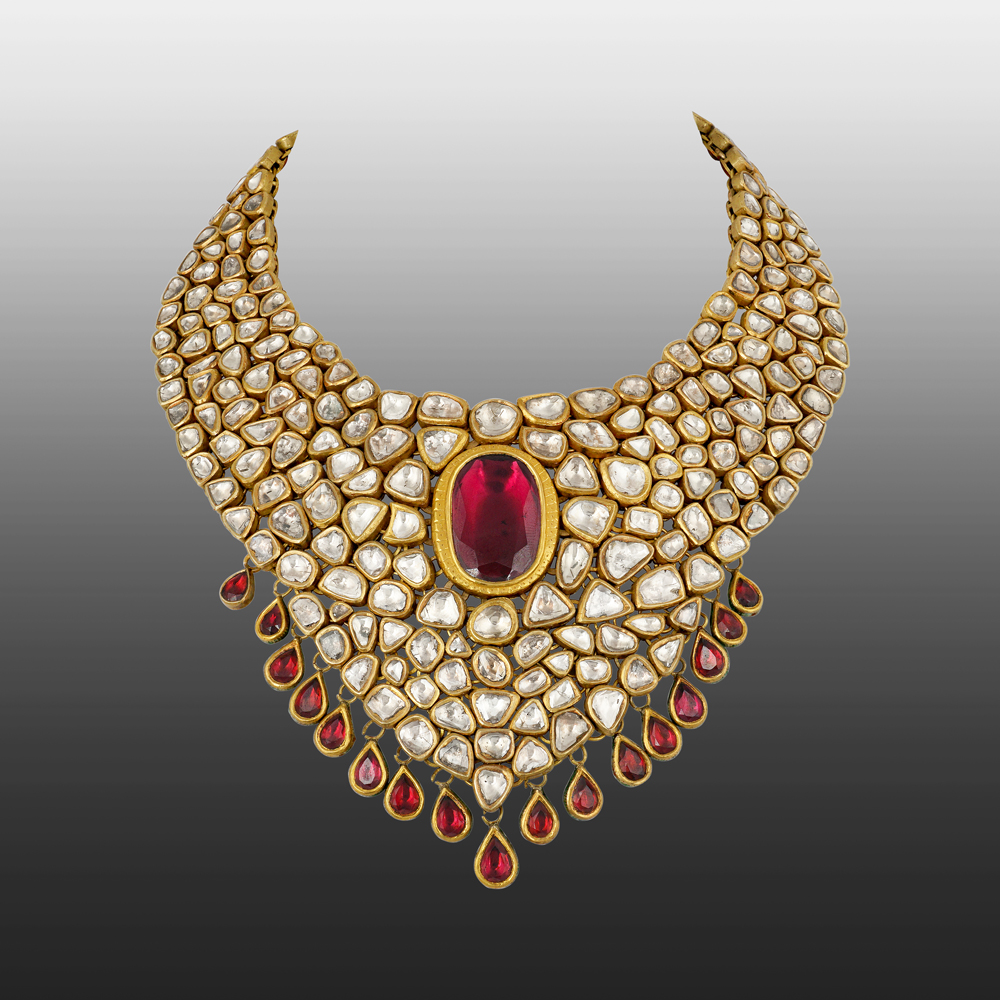 Bridal Polki Necklace with Rhodolite Center and Red Drops